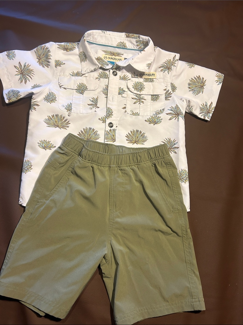 Magellan Outdoors White Cactus Print Button-Front Shirt with Olive Shorts